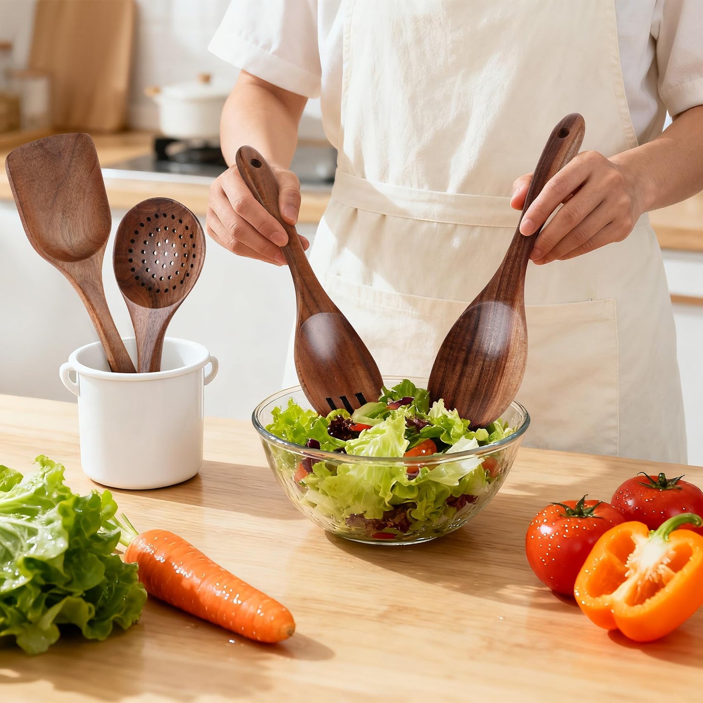 Wooden Spoons for Cooking - 7 Pieces Wooden Kitchen Utensils Set, Smooth Natural Teak Wood Utensil Set, Nonstick Heat-Resistant Cooking Utensils - Lightweight & Sturdy, Wooden Spatula for Cooking