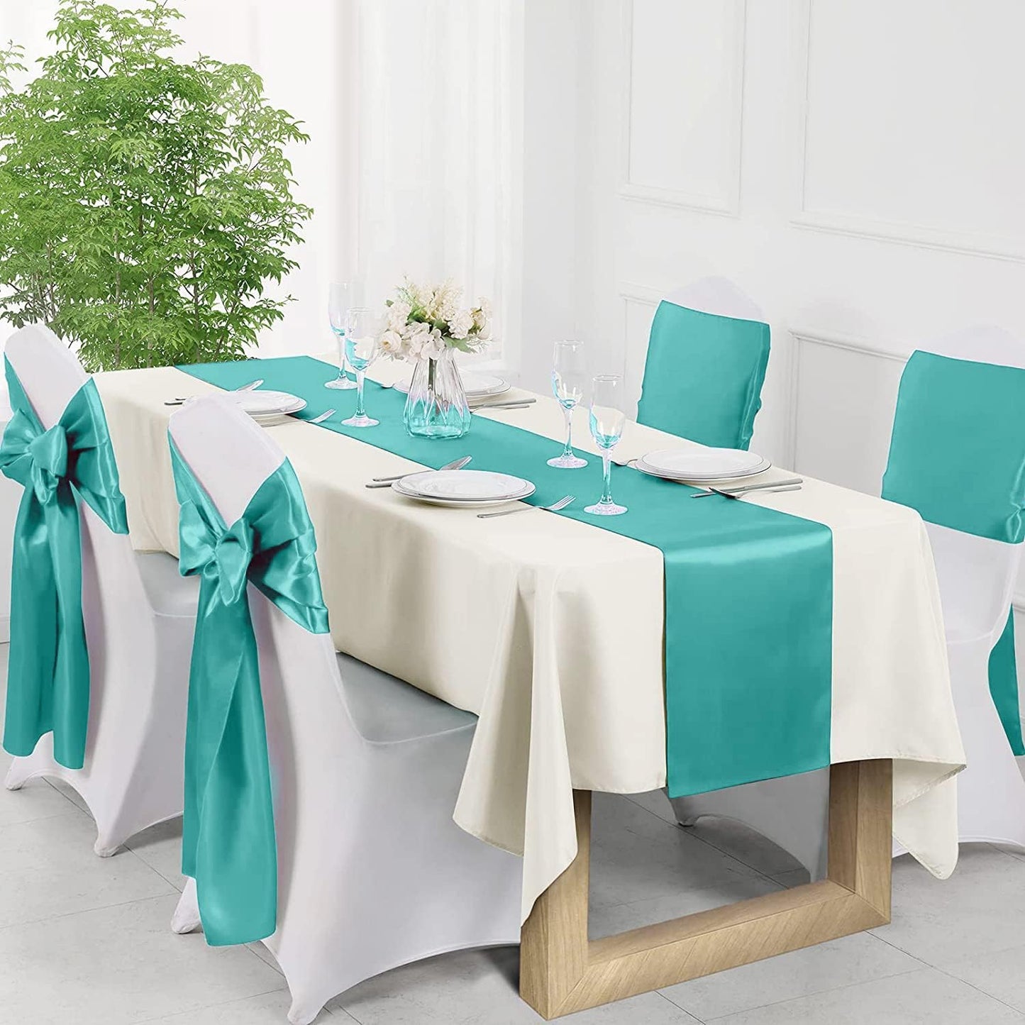 Light Blue Satin Chair Sashes 10-Pack - 7x108 Inch Adjustable Wedding & Party Bows