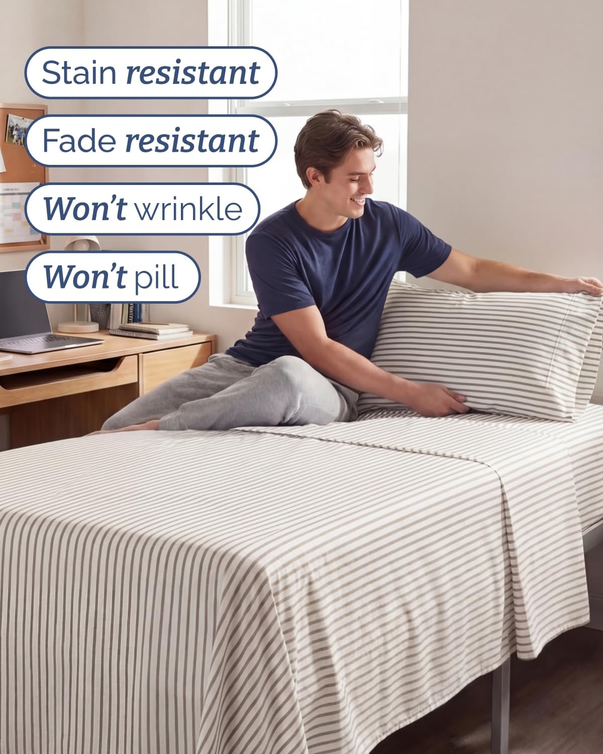 Skiennix Twin XL Sheet Set - Comfy Cooling 3-Piece Bedding - Deep Pocket, Wrinkle-Free, Beige Stripes
