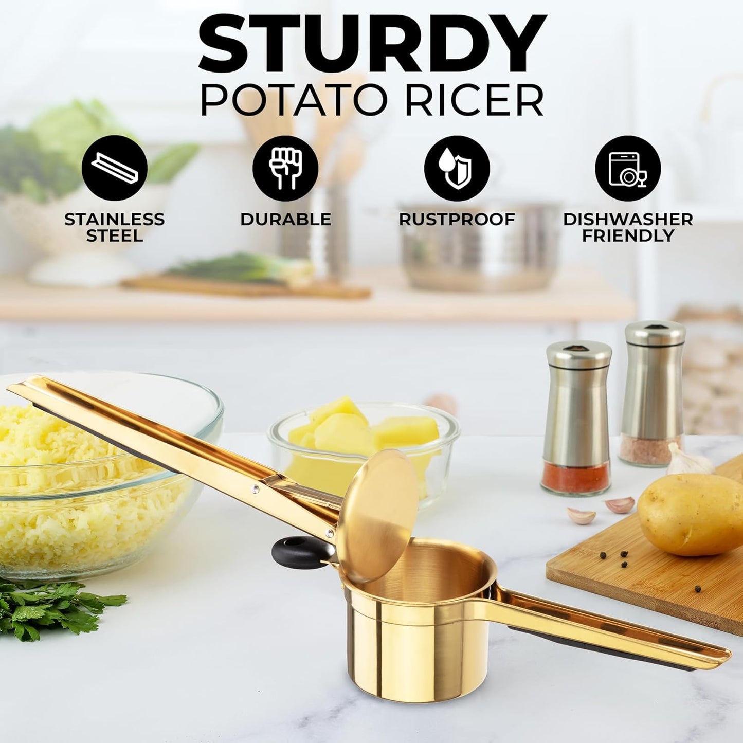 Zulay Kitchen Premium Potato Ricer - Heavy Duty Stainless Steel Masher Tool | 15oz Gold/Black