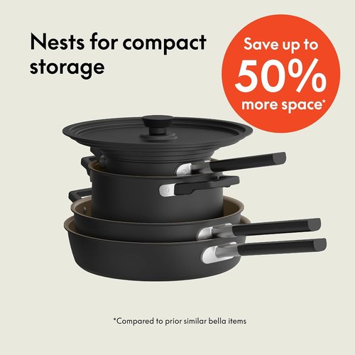 Bella 9-Piece Ceramic Nonstick Cookware Set - EverGood™ Coating, Dishwasher Safe, Stackable Design, Black
