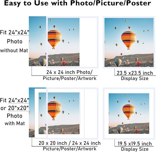 JCJMY 22x22 Picture Frame - White Wall Display with 18x18 Mat & Shatter-Resistant Plexiglass