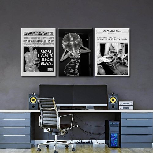 Disco Ball Tequila Fashion Poster Prints | Black and White Canvas Wall Art Set of 3 - Framed 12x16'' for Home Decor