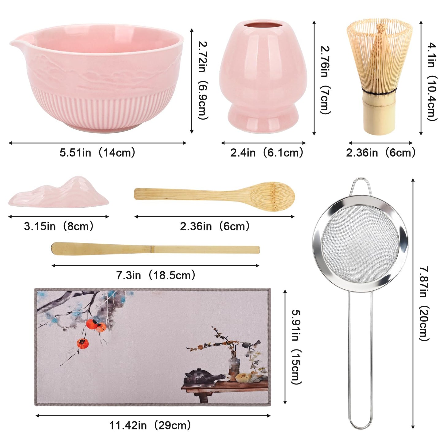 PHILORN Matcha Whisk Set, 9Pcs Ceramic Macha Kit, Matcha Set Whisk and Bowl with Spout, Whisks, Holder, Bamboo Scoop, Scoop Rest, Sifter and Tea Towel for Macha Lover (Pink)