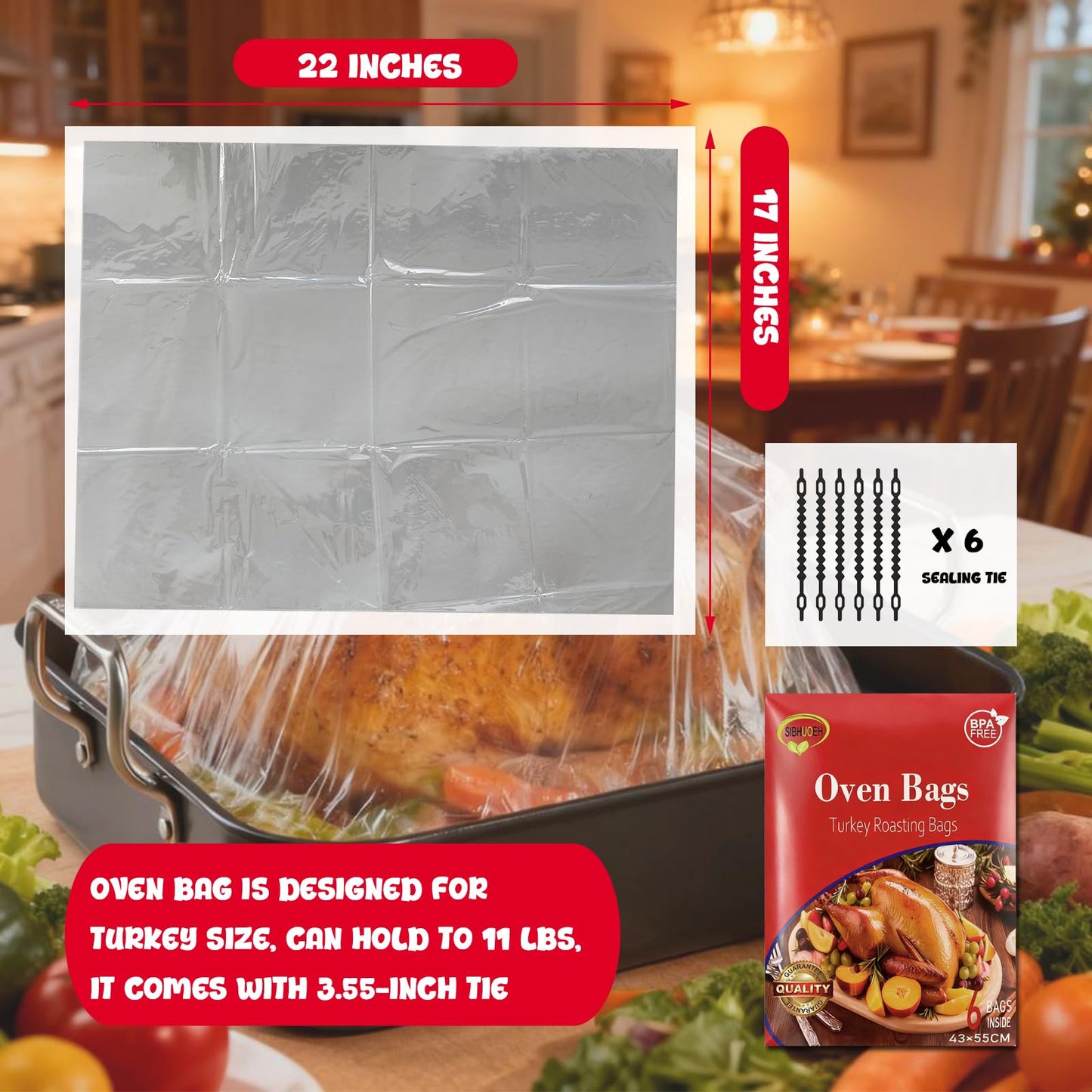 Turkey Bags for Oven, Cooking Bags for Oven, 6 Count 17"×22" Large Size Turkey Oven Bags, BPA-Free, Oven Bags for Roasting Meat Ham Vegetable Seafood