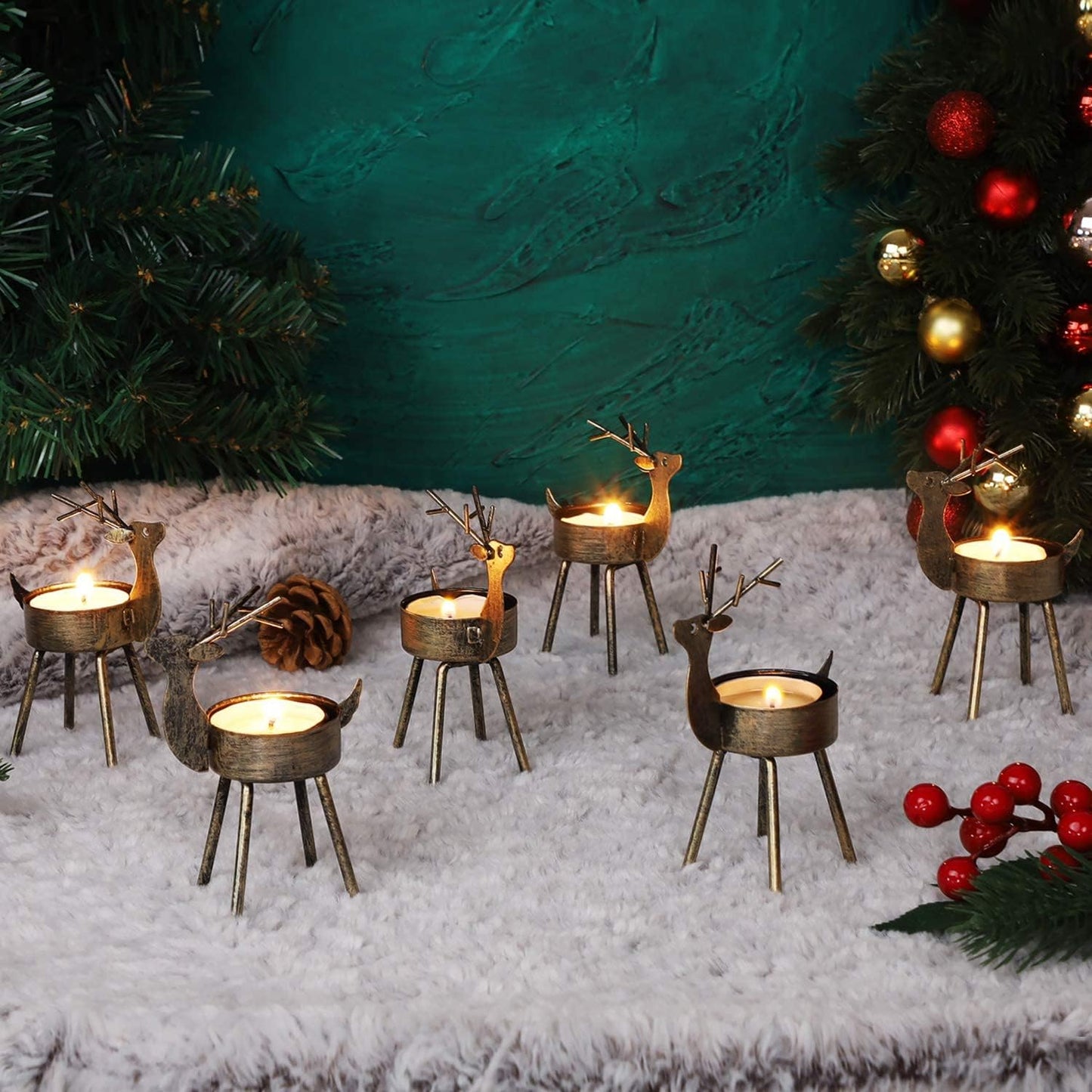 Juegoal Reindeer Tealight Candle Holders - Set of 6 Rustic Bronze Iron Metal Christmas Decorations | Durable Holiday Centerpiece