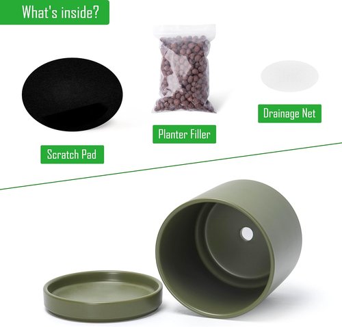 D'vine Dev Ceramic Planter Pot - 6.5 Inch Indoor Cylinder with Drainage Hole & Saucer | Olive Color