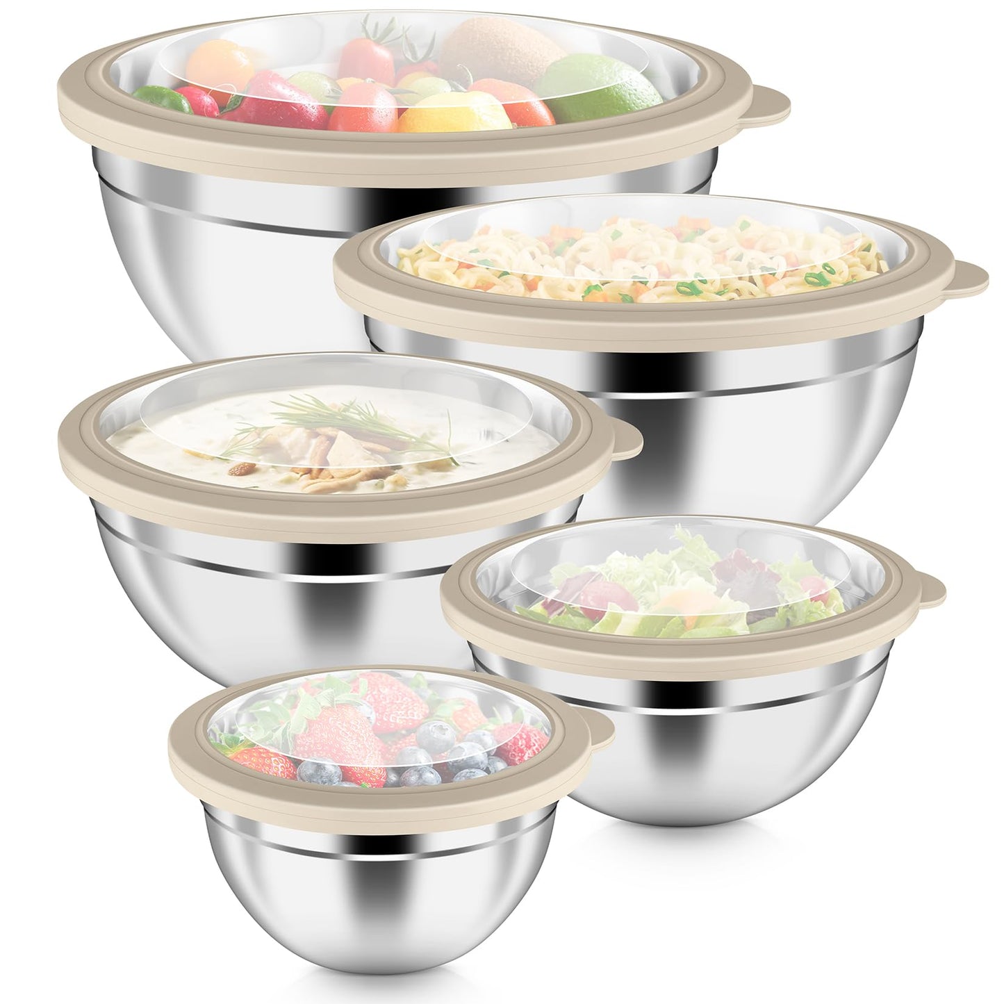 P&P CHEF Mixing Bowls with Visible Airtight Lids Set of 5, 10-Piece Stainless Steel Mixing Nesting Bowl, Metal Bowl with Lid for Kitchen Prepping & Storing, Size 4.6, 3, 1.5, 1, 0.7 QT, Khaki