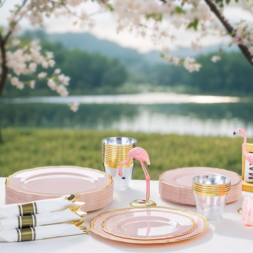 Hioasis 175pcs Pink and Gold Plastic Plates - Pink Plastic Dinnerware Set Includes 25 Dinner Plates, 25 Dessert Dinnerware, 25 Cups, 25 Napkins Perfect for Wedding & Easter