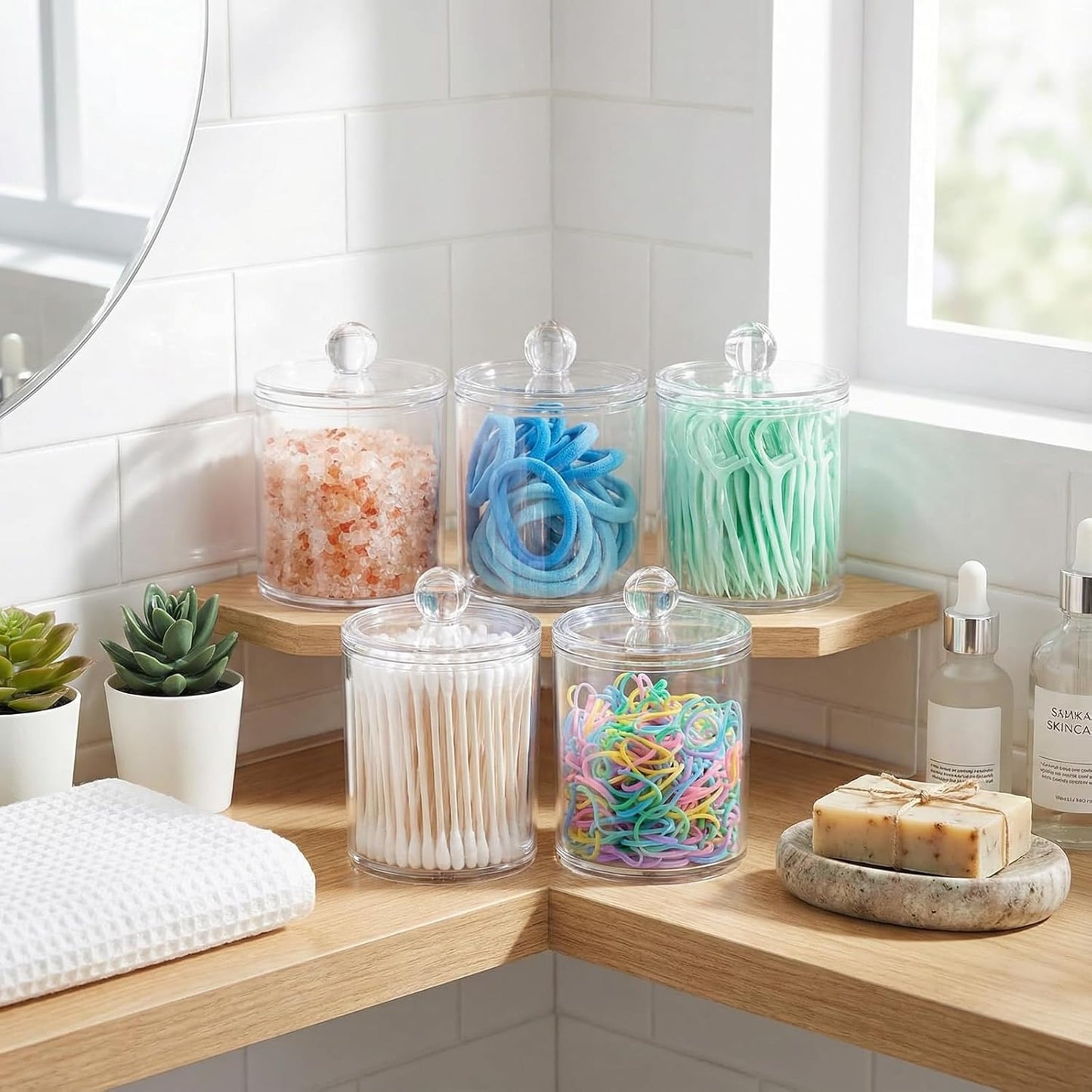 SheeChung Clear Acrylic Apothecary Jars - 6-Pack (3) 10oz & (3) 12oz Qtip Holder Set | Shatterproof Bathroom Organizer