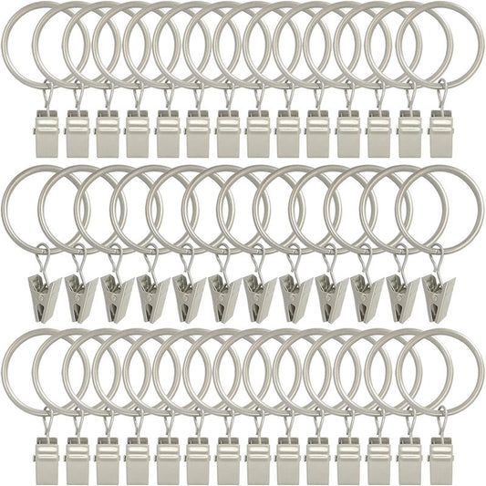 AMZSEVEN 40 Pack Curtain Rings with Clips, Drapery Clips with Rings, Drapes Rings 1.26 in Interior Diameter, Fits up to 1 in Curtain Rod, Matte Silver
