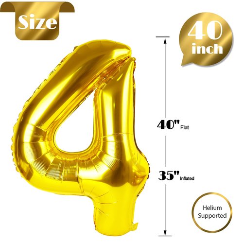 Gold Number 4 Balloon 40 Inch, 4th Birthday Party Decorations for Children, Giant 4 Foil Balloon for Party Supplies
