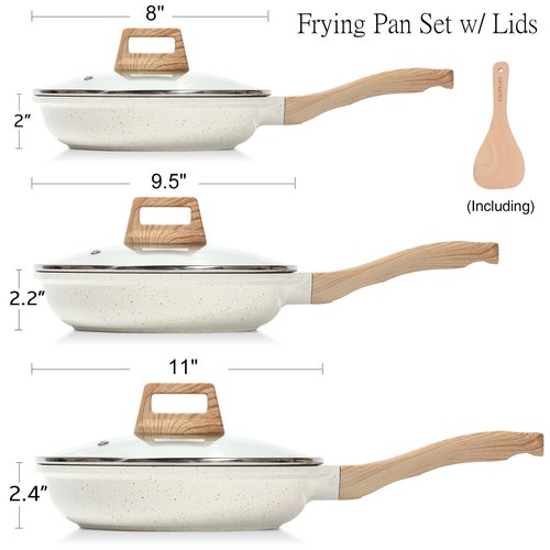 ESLITE LIFE Nonstick Ceramic Frying Pans Skillets Set with Lids, Non-Toxic Egg Omelette Kitchen Cooking Pans Compatible with All Stovetops (Gas, Electric & Induction), PTFE & PFOA Free (White)