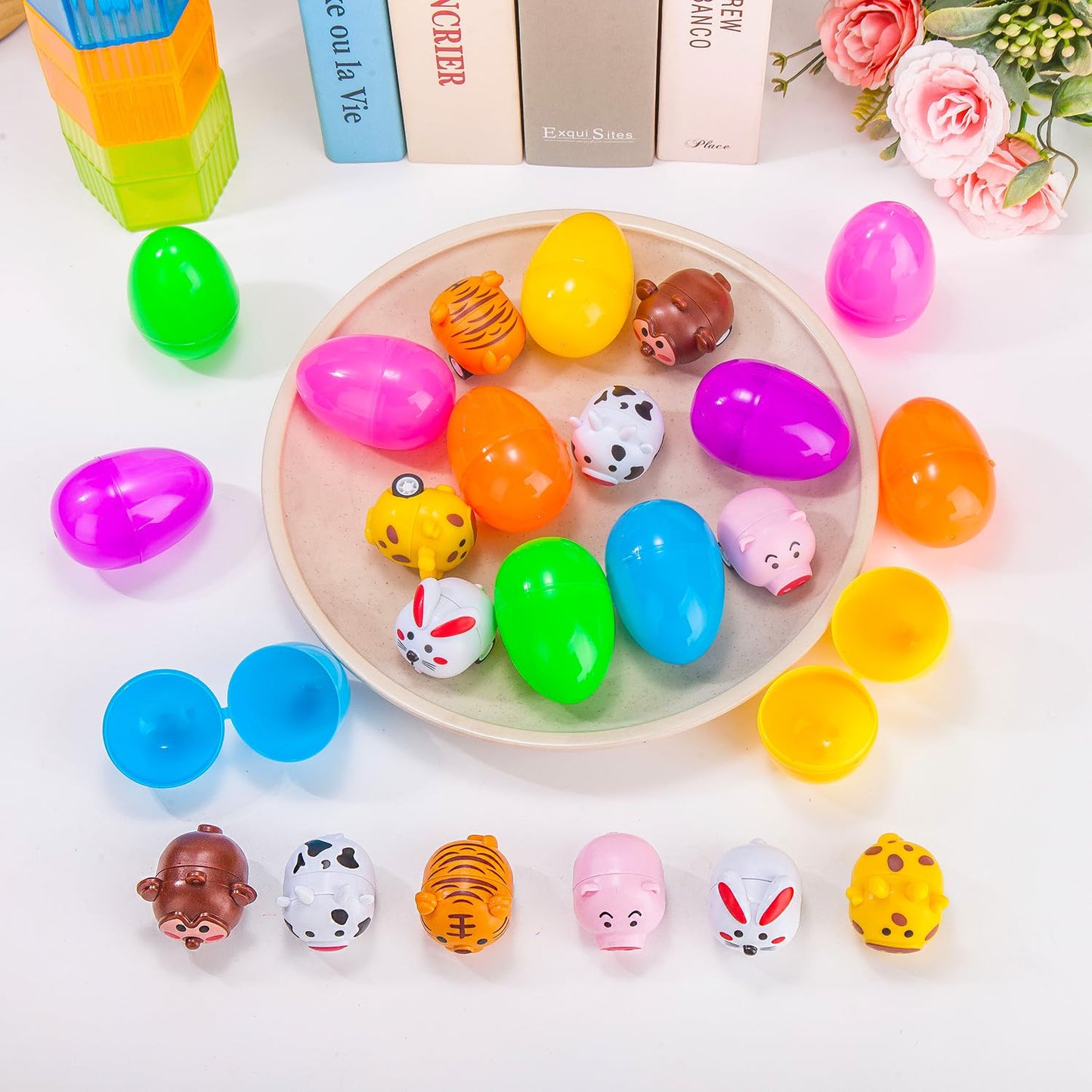 LIYROIUB 12 Pack Filled Easter Eggs with Animal Pull Back Car Toys - Surprise Toy Assortment for Easter Egg Hunts, Basket Stuffers & Party Favors | Easter Gifts for Kids Boys Girls