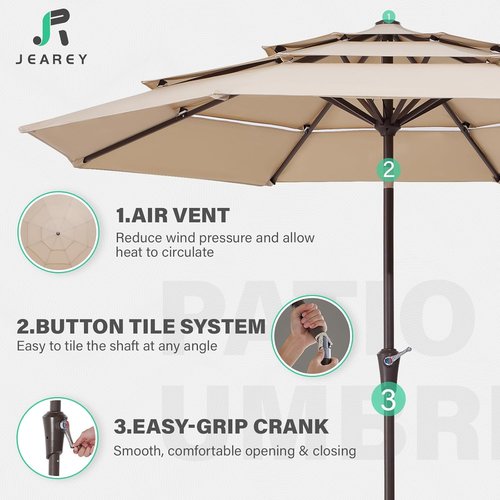 JEAREY 9FT Patio Umbrella - 3 Tier Outdoor Market Umbrella with UV Protection & Push Button Tilt - Beige