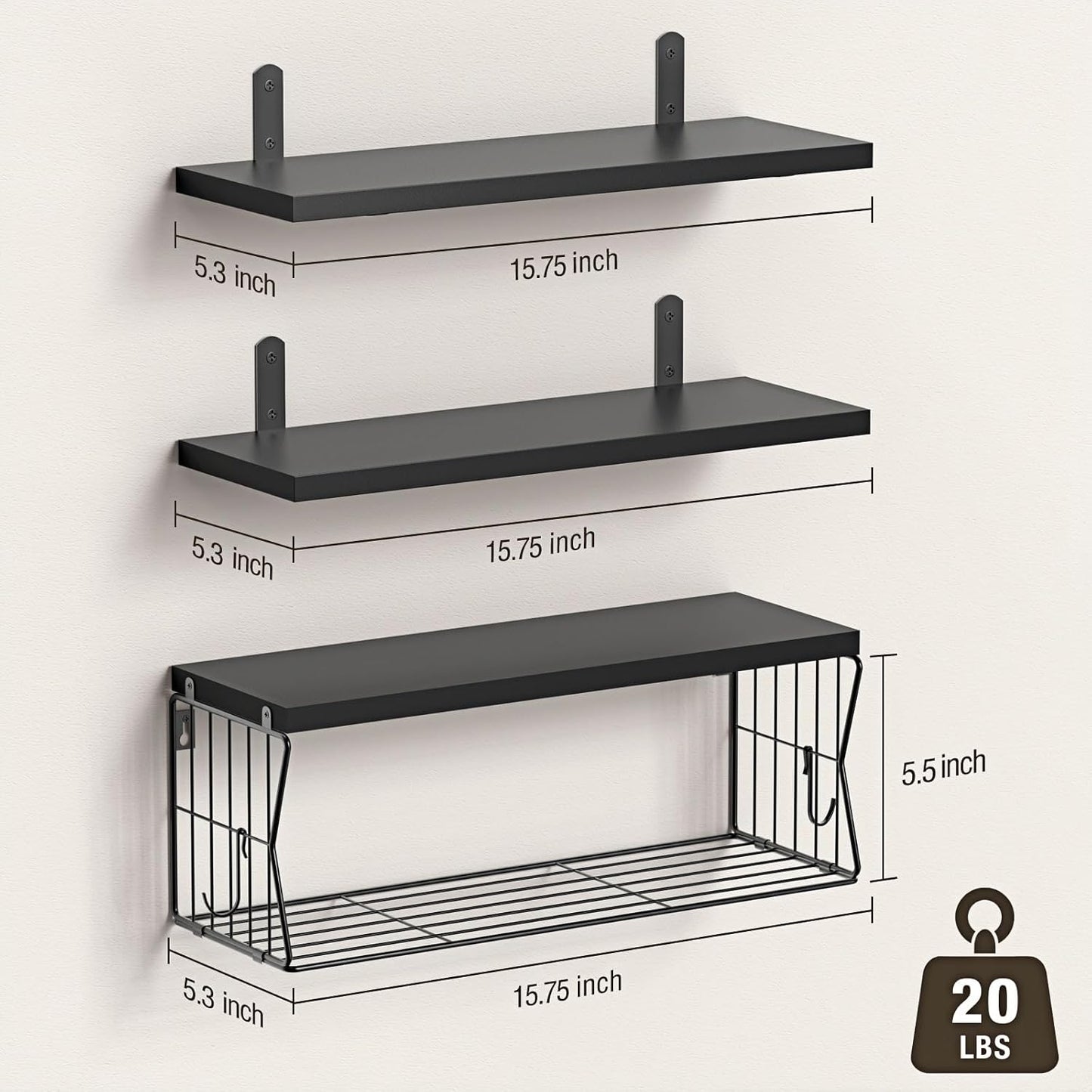 Regine Switzerland Floating Bathroom Shelves - Set of 3 Wall-Mounted Wooden Shelves for Modern Decor | Ideal Over-Toilet Storage in Black