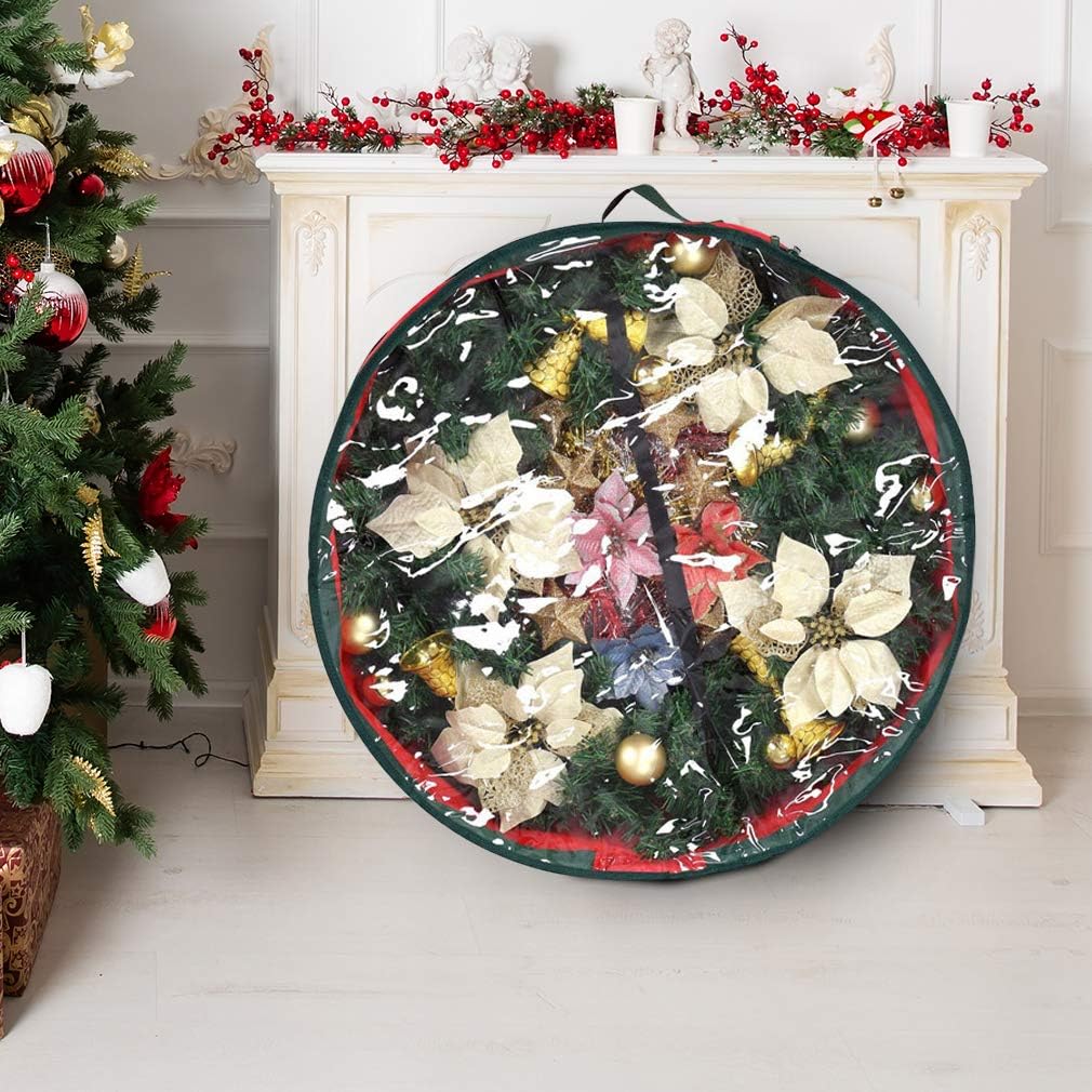 Primode Christmas Wreath Storage Bag 30" - Durable 600D Oxford Container with Clear Window for Easy Holiday Storage (Red)