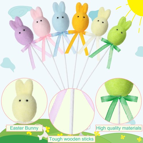 FineCheer 24 Pcs Easter Bunny Picks Faux Foam Easter Egg Picks Decorative Mini Pastel Egg Stems 7" Tall for Spring Basket Bouquets Floral Arrangement Centerpiece Wreath Party Decorations