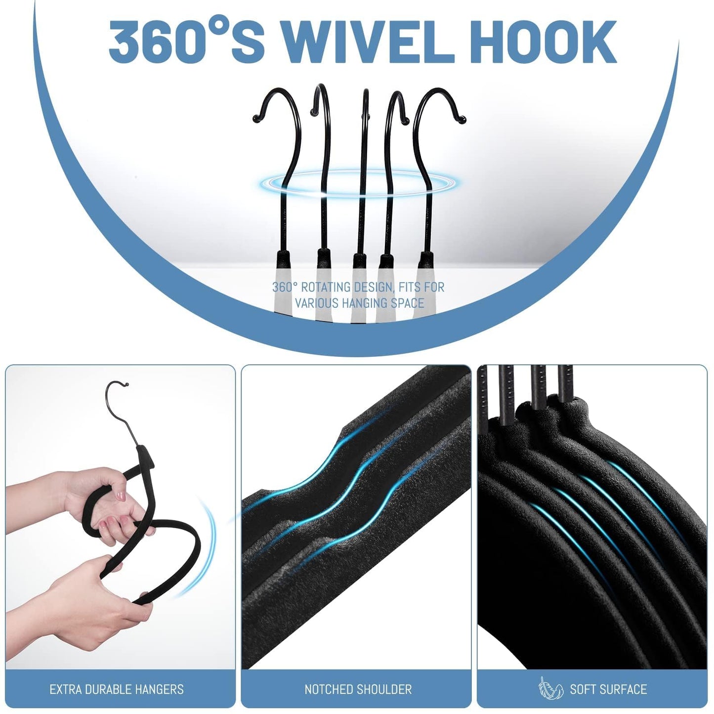 HOUSE DAY Black Velvet Hangers 60 Pack, Non Slip Felt Hanger, Slim Velvet Clothes Hangers for Suits, Shirt, Heavy Duty Coat Hanger for Closet