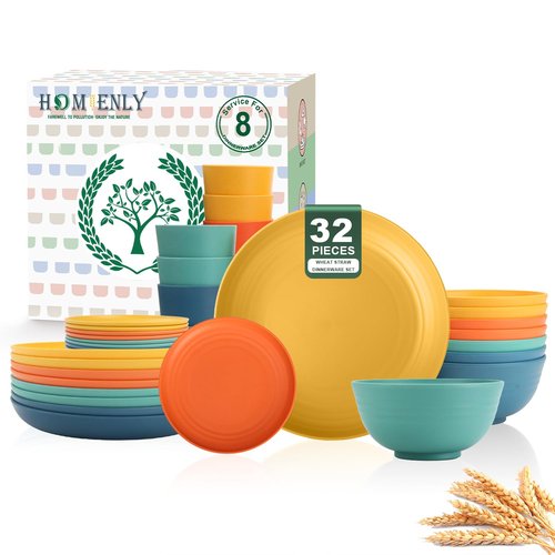 Homienly Dinnerware Set 32-Piece Wheat Straw Dinnerware Sets Unbreakable Reusable Dinnerware Set Kitchen Cups Plates and Bowls Sets, Microwave and Dishwasher Safe Dishes for Camping, Outdoor-Colorful