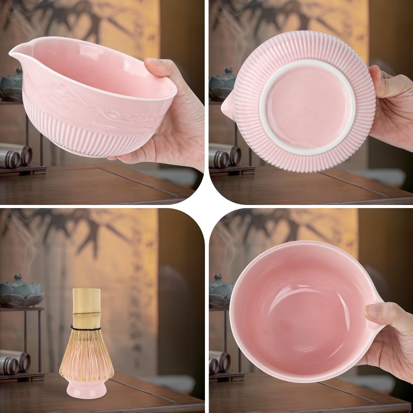 PHILORN Matcha Whisk Set, 9Pcs Ceramic Macha Kit, Matcha Set Whisk and Bowl with Spout, Whisks, Holder, Bamboo Scoop, Scoop Rest, Sifter and Tea Towel for Macha Lover (Pink)