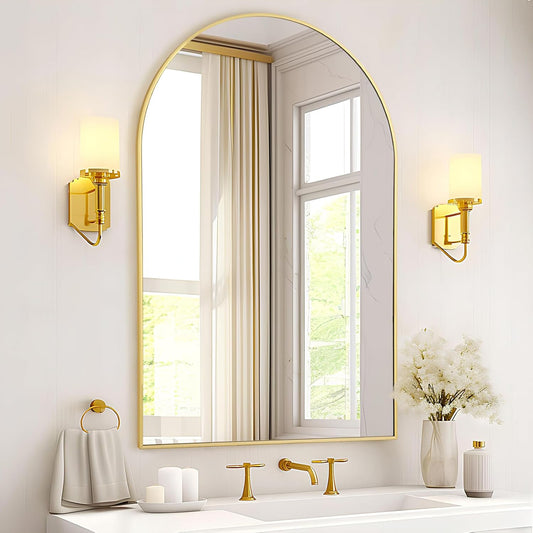 Gold Arched Bathroom Mirror - 20x30 Gold Mirror Arch Framed for Wall, Over Sink Mantel Vanity Mirrors Decorative for Dresser, Firplace
