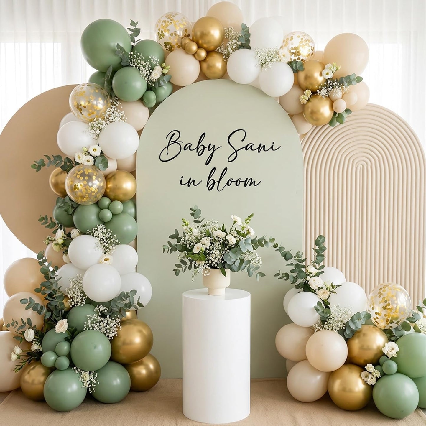 RUBFAC Sage Green White Gold Balloon Garland Arch Kit 129pcs Different Sizes Pack of 18 12 10 5 Inch, Latex Sand White Cream Confetti Gold Balloon Garland Arch Kit for Birthday Engagement Wedding