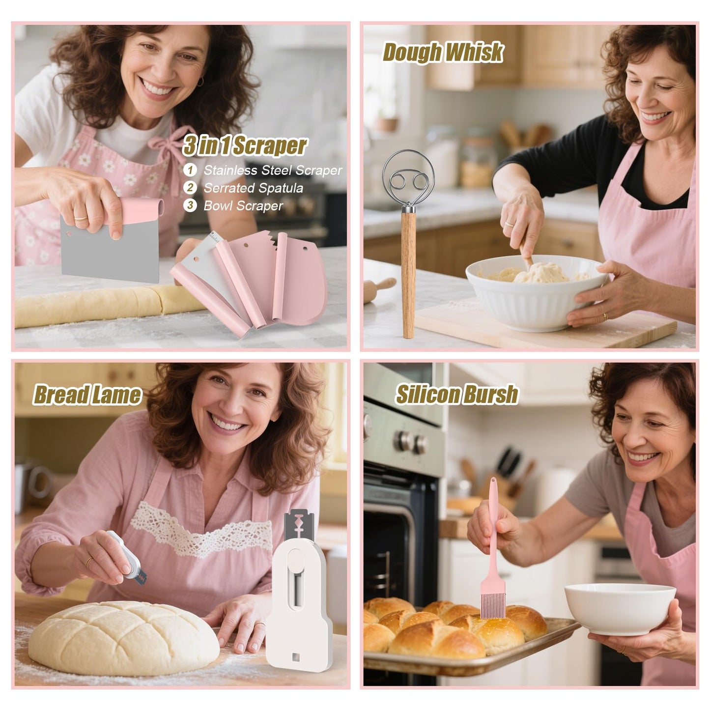 CINNIE&JHIN Pink Sourdough Starter Kit, Complete Baking Tools Set with Proofing Baskets, Pink Design Gifts for Women Bakers - Bread Making Supplies with Jar, Lame, Scraper, Bag & More