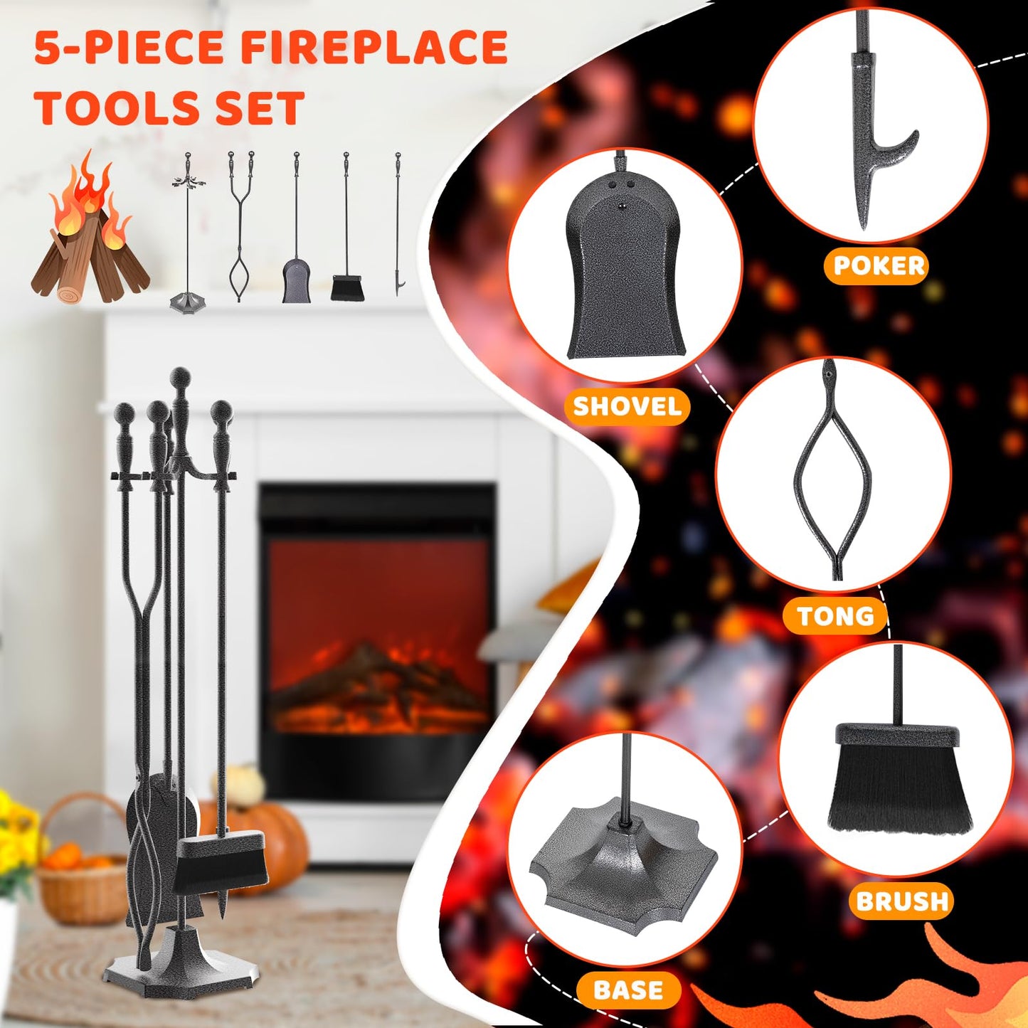 LOENIY 5 Pieces 31In Fireplace Tools Set, Wrought Iron Fireplace Tools with Ergonomic Handle, Fireplace Accessories Set Included Tong, Shovel, Base, Poker and Brush for Indoor & Outdoor (Grey)