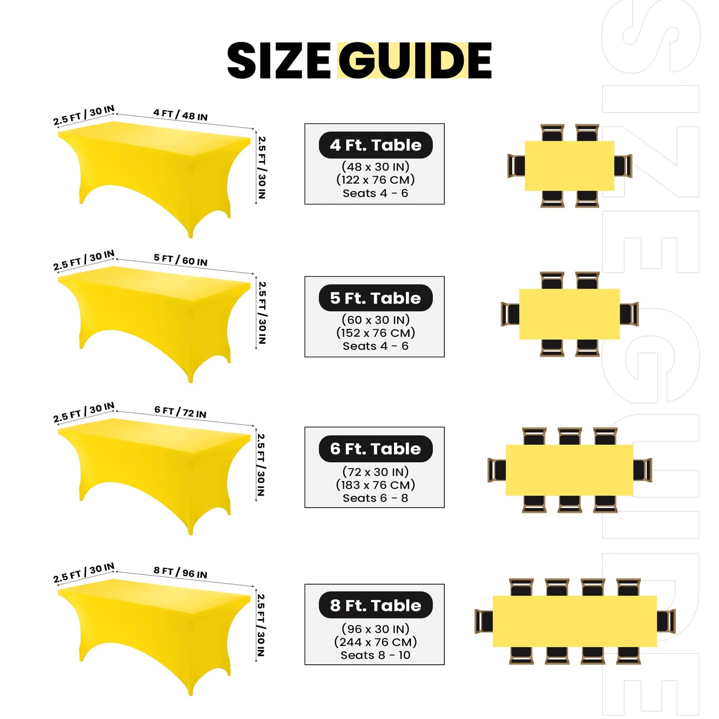 Utopia Kitchen Spandex Tablecloth 10 Pack [6FT, Yellow] Tight, Fitted, Washable and Wrinkle Resistant Stretch Table Cloth Rectangle Cover for Trade Show, Weddings & Parties [72Lx30Wx30H Inch]