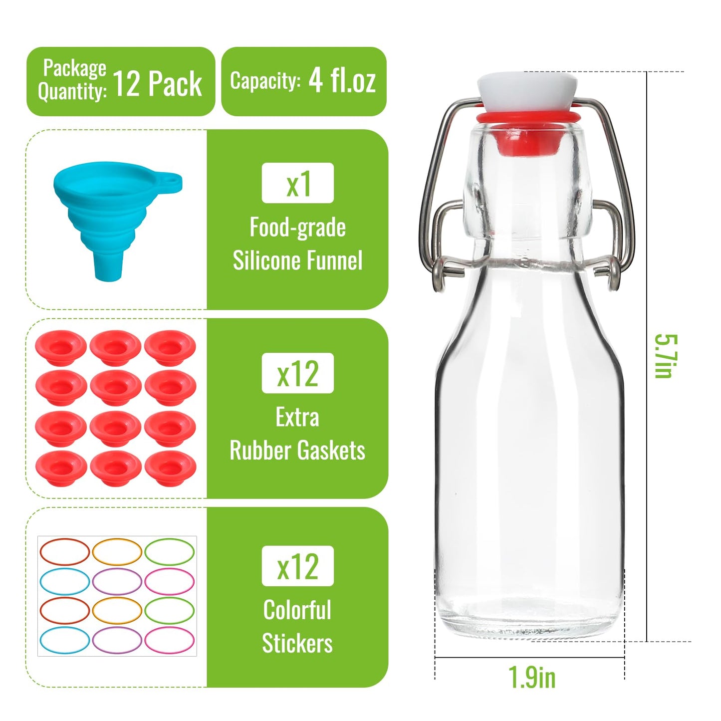 EkkoVla 12 Pack 4 oz Swing Top Glass Bottles, Flip Top Brewing Bottles with Airtight Rubber Seal Flip Caps for Kombucha, Beverages, Oil, Beer, Kefir, Vinegar, Wine