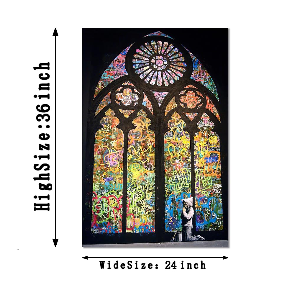 Banksy Wall Art Graffiti Street Painting on Canvas The Boy Praying in Church Prints Pictures for Modern Home Decoration, Framed 36''W x 24''H