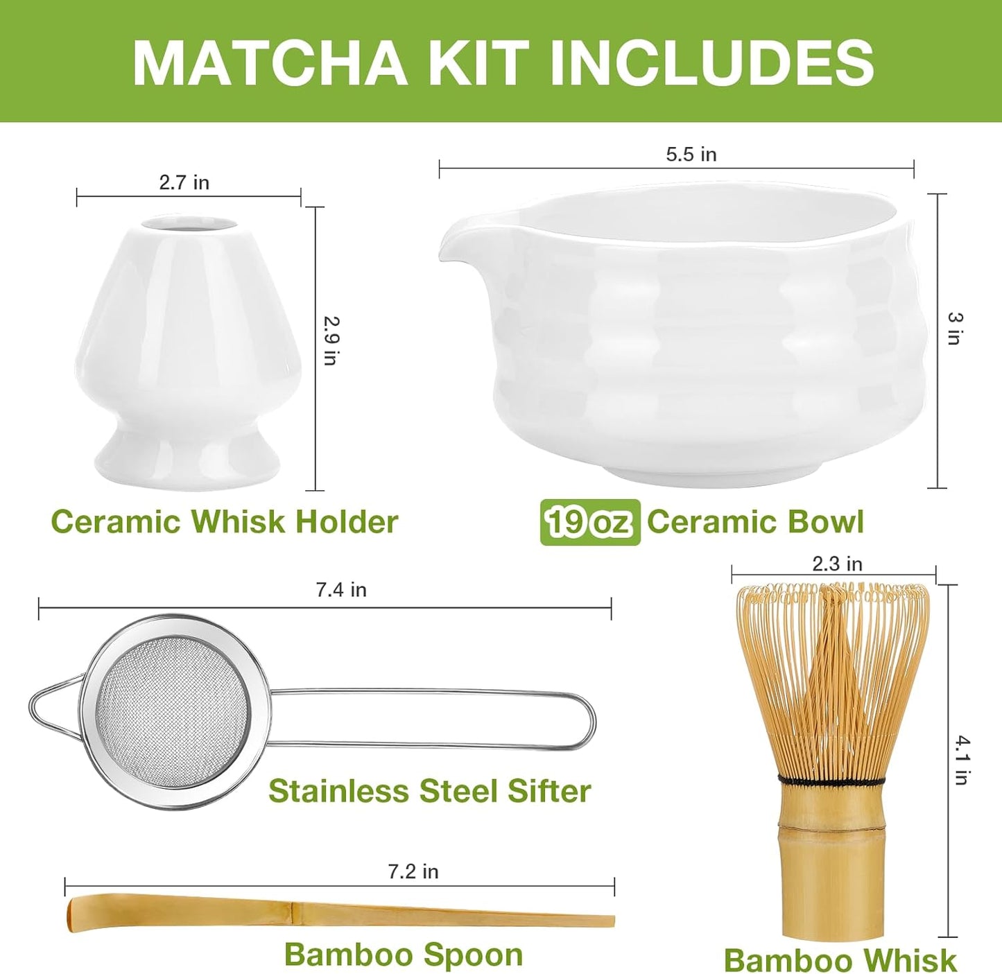Matcha Whisk Set - Japanese Tea Set (5pcs) with Bowl, Bamboo Whisk, Scoop & Sifter
