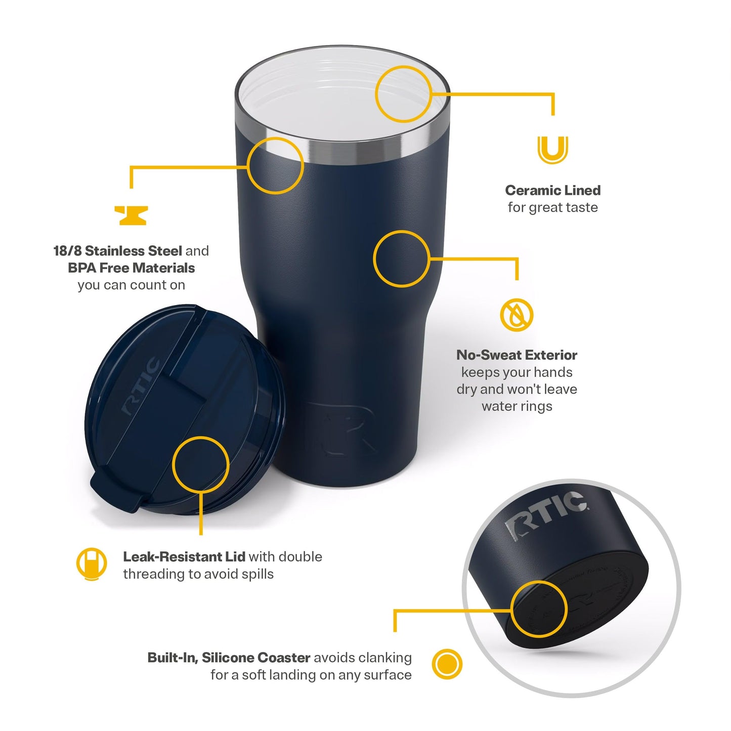 RTIC 30oz Essential Tumbler with Lid, Ceramic Lined, Insulated, Stainless Steel, Metal, Double Wall Vacuum-Insulation, Travel Cup for Iced Coffee, Tea, Hot and Cold Drink, Navy