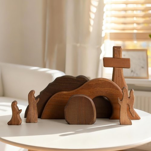 Gnodry The Empty Tomb Easter Scene Set - 7-Piece, Christian Cross Decorations, Decorations Religious Jesus Tomb Easter Kit Display for The Home, Tabletop, Office - Wooden (Warm-Brown)