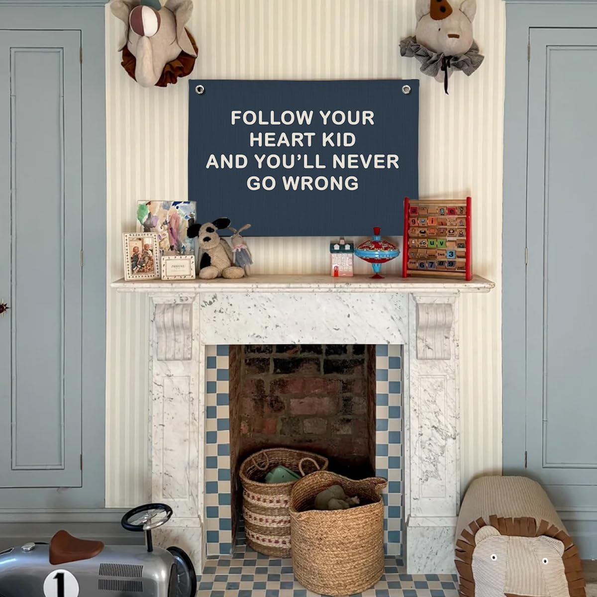 ShowDraven Boy Nursery Decor, Inspirational Wall Decor Hanging Linen Banner, Navy Blue Motivational Wall Flag for Kids Boys Room Playroom Nursery Decor, 20x30 Inch
