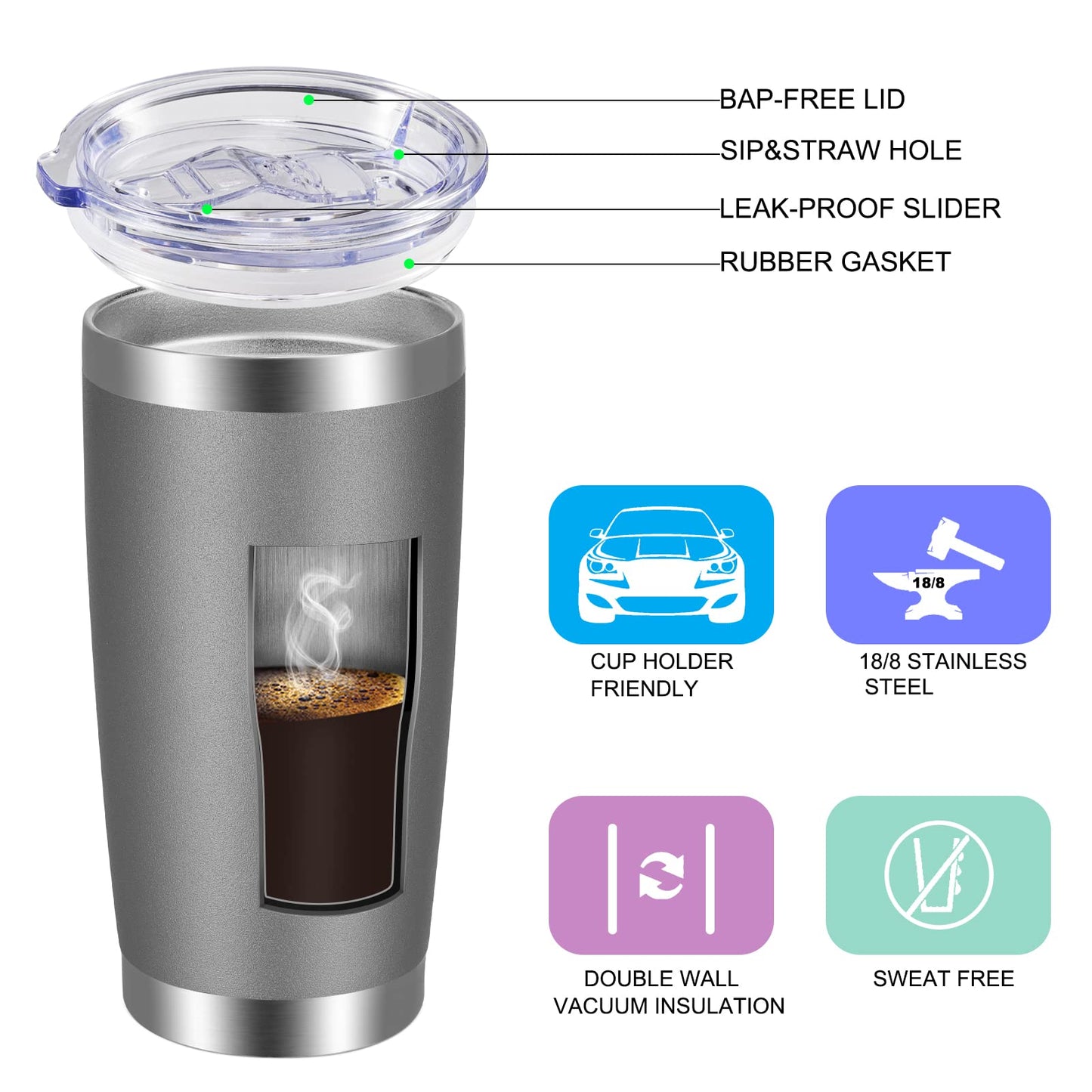 VEGOND 20oz Tumbler with Lid and Straw Stainless Steel Tumbler Cup Vacuum Insulated Double Wall Travel Coffee Mug Powder Coated Coffee Cup, Grey, 1 Pack