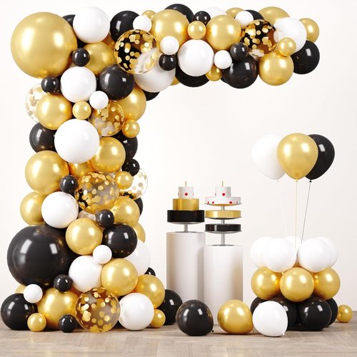 Black and Gold Balloon Garland Arch Kit by 2025 - Elegant Party Decorations with Gold Foil Curtains for Graduation, Birthday, and Anniversary Celebrations