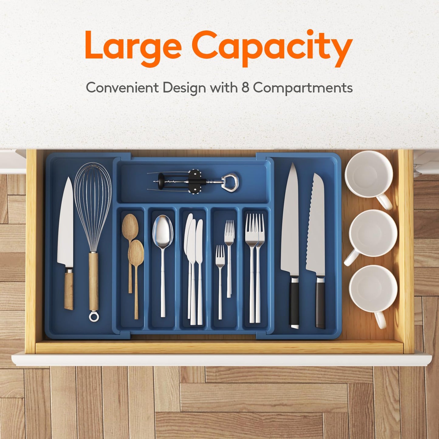 Lifewit Silverware Drawer Organizer, Expandable Utensil Tray for Kitchen, BPA Free Flatware and Cutlery Holder, Adjustable Plastic Storage for Spoons Forks Knives, 13-22 x 15", Dark Blue