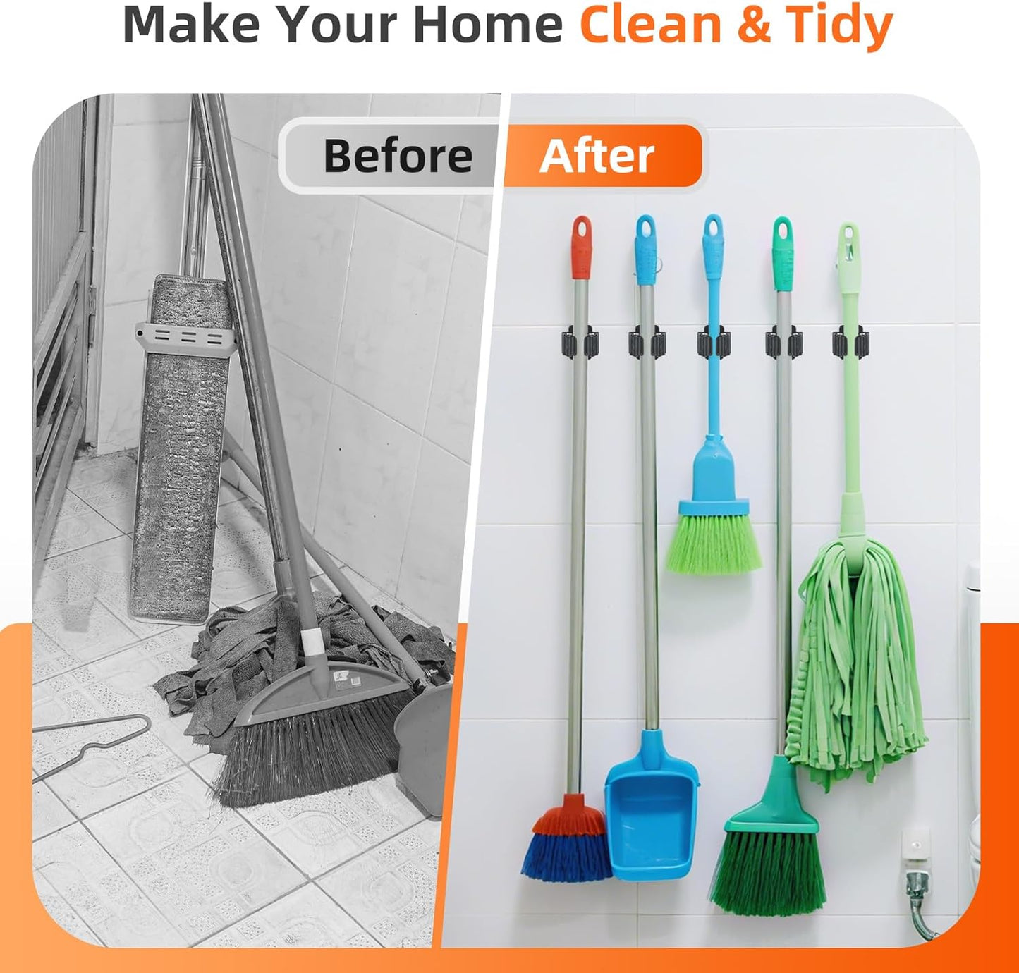 Skiennix Broom Holder Wall Mount - Heavy Duty Stainless Steel Mop & Broom Organizer | 5-Piece Set