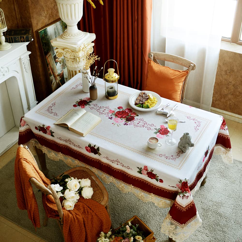 SUTAVIA Lace Embroidered Table Cloth,Rectangular Farmhouse TableCover,Classic Oblong Antique Flower Decor Macrame Tablecloth (Burgundy, Rectangle/Oblong,60 x 84 Inch,6-8 Seats)