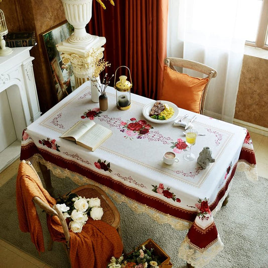 SUTAVIA Lace Embroidered Table Cloth,Rectangular Farmhouse TableCover,Classic Oblong Antique Flower Decor Macrame Tablecloth (Burgundy, Rectangle/Oblong,60 x 84 Inch,6-8 Seats)