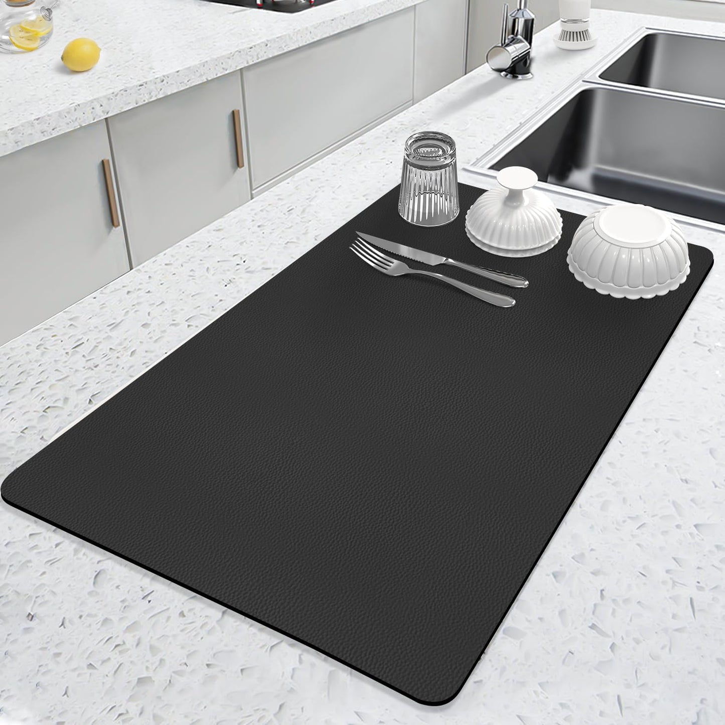 LOPNUR Dish Drying Mat - Super Absorbent Diatomite Kitchen Counter Pad | Large 24"x16", Heat Resistant, Anti-Slip Black