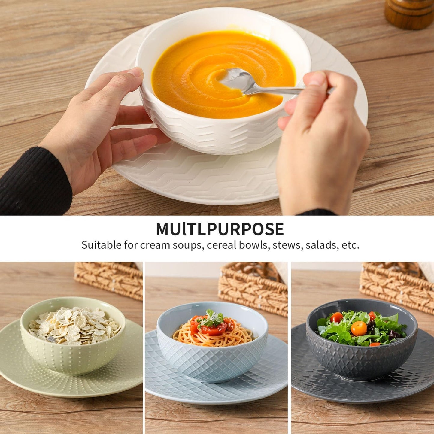 HASENSE Ceramic Cereal Bowls Set of 4, 26 OZ Soup Bowls, Embossed Stoneware Porcelain Bowls for Cereal, Soup, Oatmeal, Salad, Noodles & Rice, Microwave & Dishwasher Safe, Multi-Color