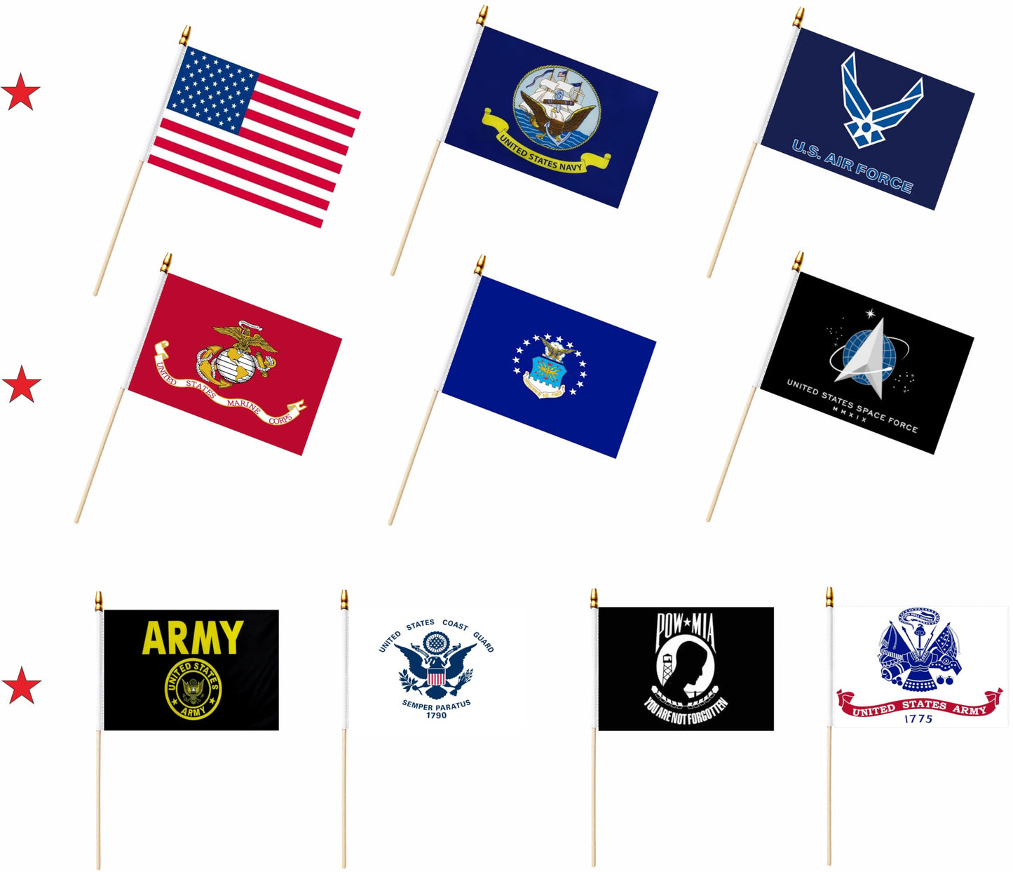 LUSEOAN 20 Pack Military Flag Set Small Mini Army Armed Forces All Branches Handheld Flags on Wooden Stick for Veterans Day,Memorial Day,US Fourth of July Decorations,5x8 Inch