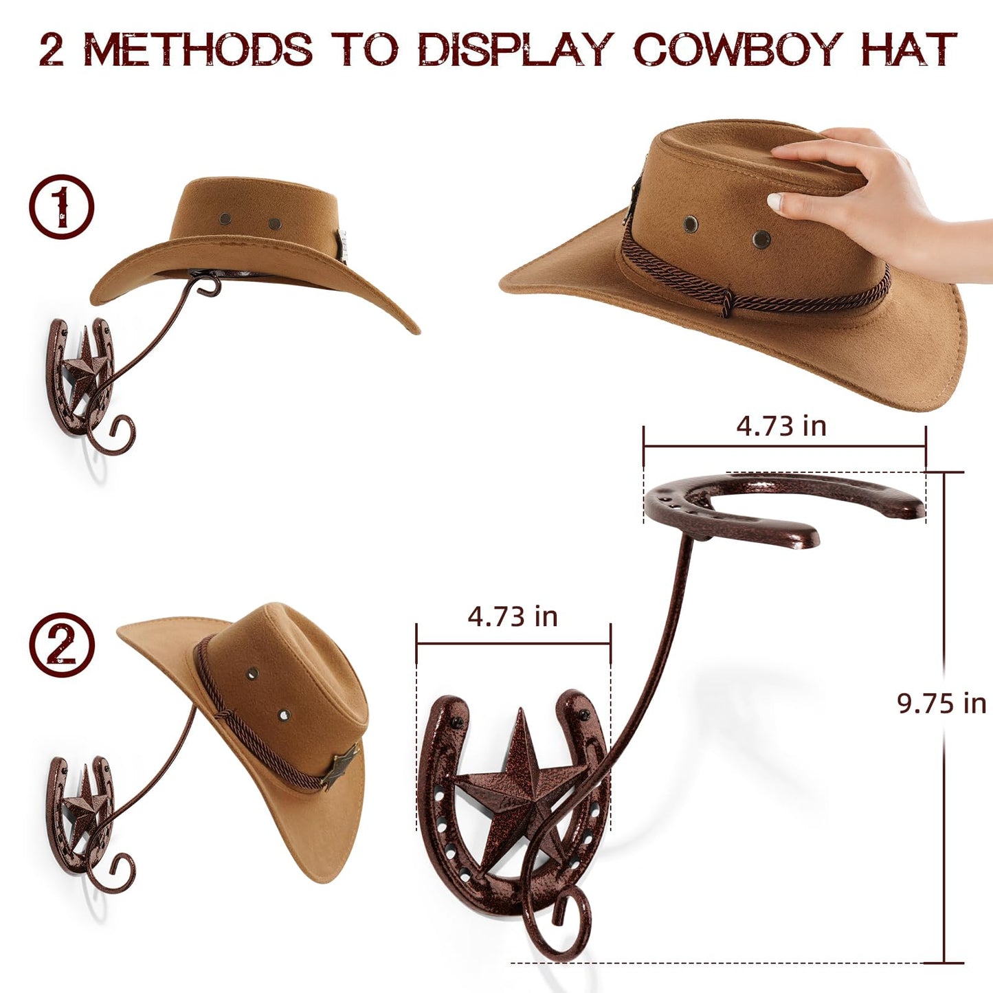 HYDERMUS Cowboy Hat Organizer Rack for Wall 4 Pack Metal Cowboy Hat Holder Wall Mounted Iron Western Wall Decor Horseshoe Hat Hanger for Storage and Display at Closet Bedroom Living Room