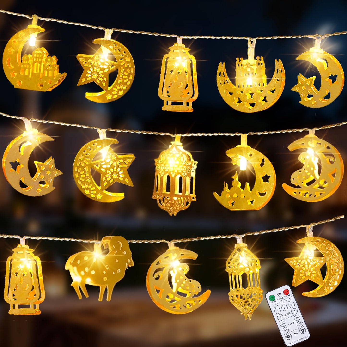ilifemate Ramadan Eid Mubarak Lights, Metal Islamic Lantern Moon Decor Lights with Remote Control, 8 Lighting Modes & 2 Brightness, Ideal for Eid Home Party Fireplace Wall Decor Indoor