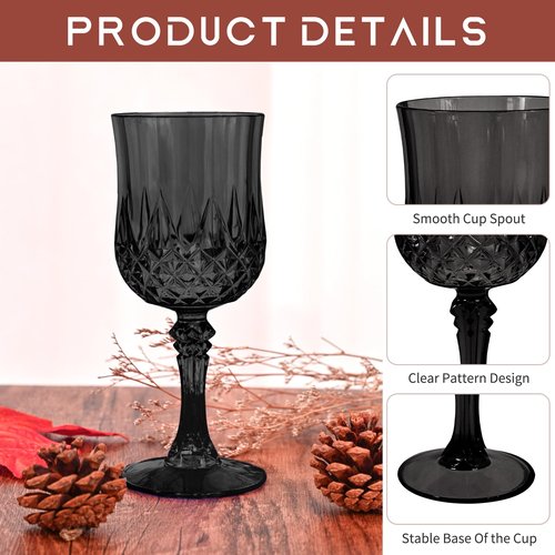 24 Pcs Black Plastic Wine Glasses, Plastic Goblets for Parties, Vintage Wine Glasses Bulk, Reusable Drinking Glass, Drinkware Cups for Wedding Party Reception Event Supplies