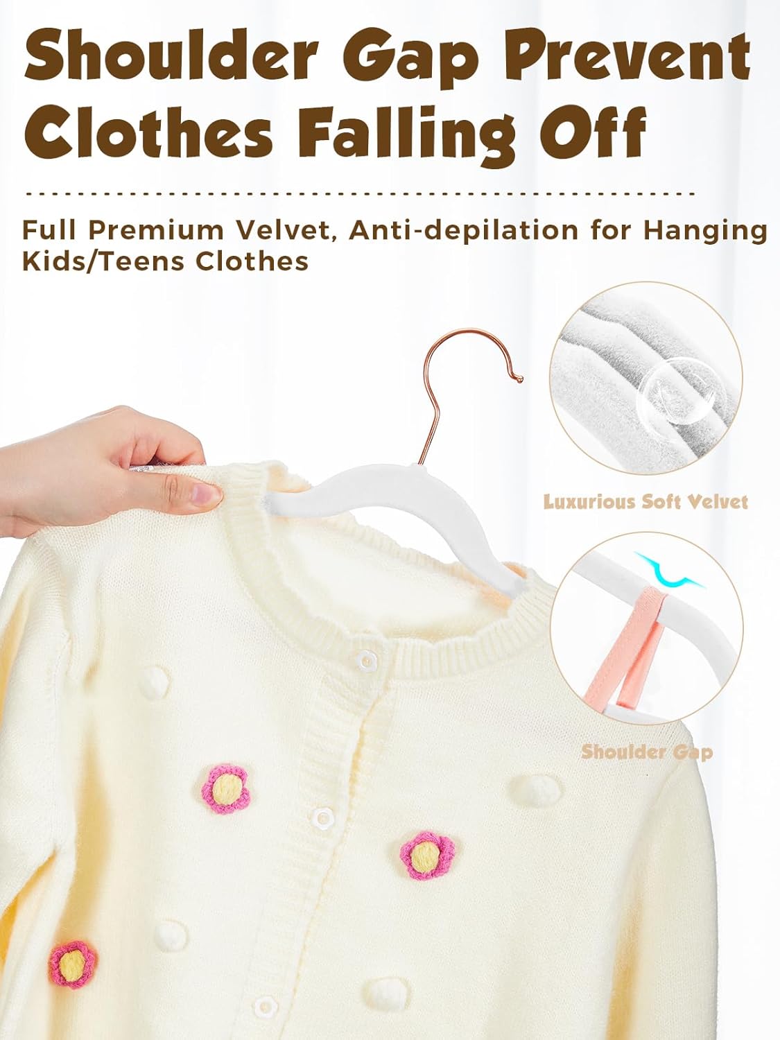 Smartor Kids Velvet Hangers - 50 Pack Premium Non-Slip Felt Hangers for Toddler Clothes | 14 Inch White with Rose Gold Hook