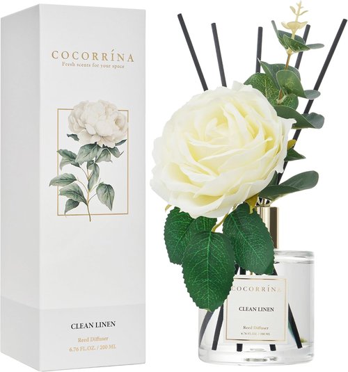 Cocorrína Flower Reed Diffuser - Clean Linen 6.7oz Scented Home Fragrance with Sticks | Elegant Bathroom Decor